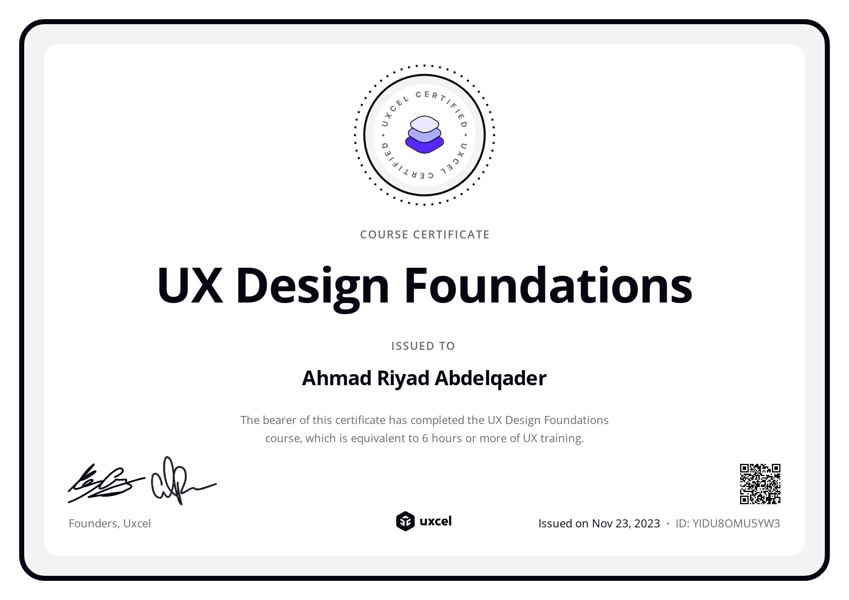 Ahmad Riyad Abdelqader's certificate